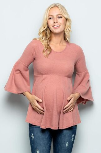 بلوزة الحمل ذات الأكمام الجرسية من My Bump - بلوزة بيبلوم كاجوال برقبة دائرية وأكمام جرس in Kuwait