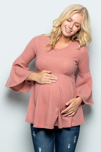 بلوزة الحمل ذات الأكمام الجرسية من My Bump - بلوزة بيبلوم كاجوال برقبة دائرية وأكمام جرس in Kuwait