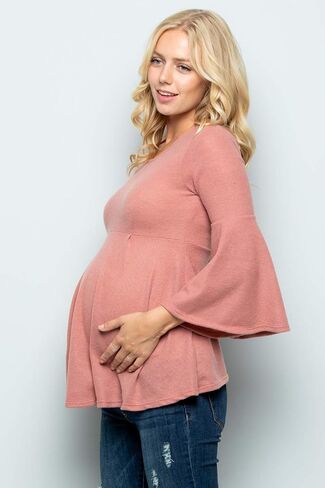 بلوزة الحمل ذات الأكمام الجرسية من My Bump - بلوزة بيبلوم كاجوال برقبة دائرية وأكمام جرس in Kuwait