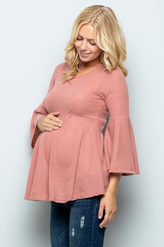بلوزة الحمل ذات الأكمام الجرسية من My Bump - بلوزة بيبلوم كاجوال برقبة دائرية وأكمام جرس in Kuwait