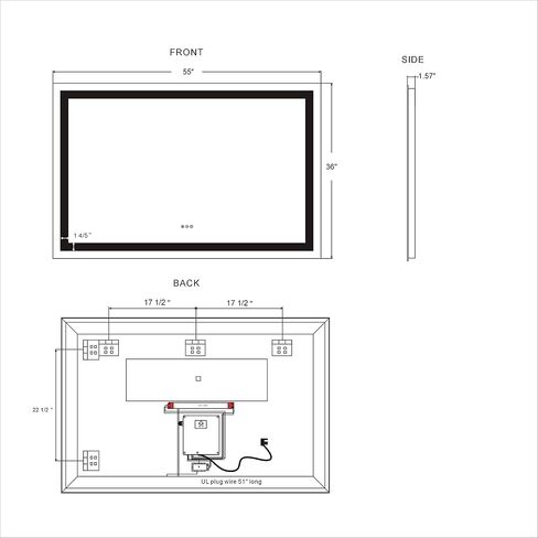 ATHETOP مفتاح لمس قابل للتعتيم مقاس 55 × 36 بوصة مرآة حمام مضاءة LED مثبتة على الحائط CRI>90 3000K 4000K 6500K درجة حرارة لون قابلة للتعديل مضادة للضباب (ميلانو 55 بوصة WX36 H) in Saudi Arabia