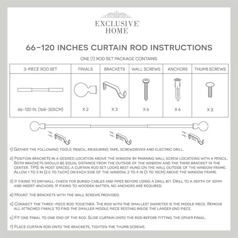 Exclusive Home White Mosaic 1" Curtain Rod and Coordinating Finial Set, Matte Silver, Adjustable 36"-72" in Kuwait