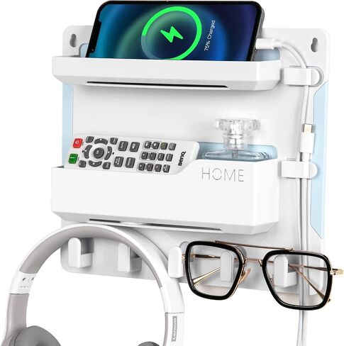JUMEIHUI Bedside Shelf Wall Mount, Adhesive Bedside Shelf Accessories Organizer with Hooks and Cable Clips,Dorm Bedside Wall Storage for Phone, Remote, Earphone, Kindle,Plastic(White) in Saudi Arabia