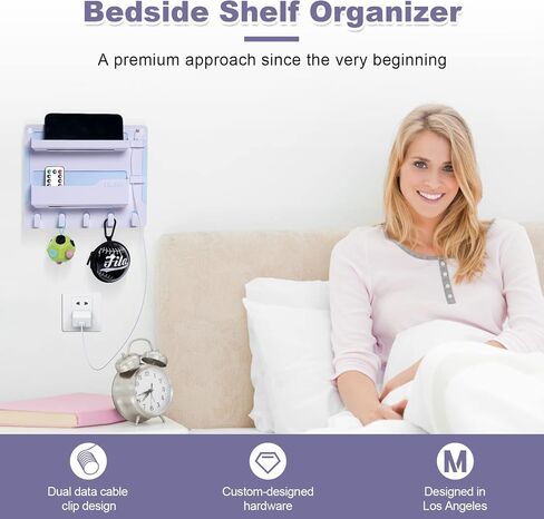 JUMEIHUI Bedside Shelf Wall Mount, Adhesive Bedside Shelf Accessories Organizer with Hooks and Cable Clips,Dorm Bedside Wall Storage for Phone, Remote, Earphone, Kindle,Plastic(White) in Saudi Arabia