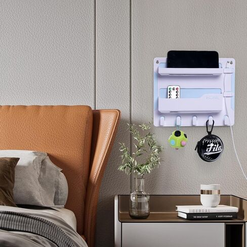 JUMEIHUI Bedside Shelf Wall Mount, Adhesive Bedside Shelf Accessories Organizer with Hooks and Cable Clips,Dorm Bedside Wall Storage for Phone, Remote, Earphone, Kindle,Plastic(White) in Saudi Arabia