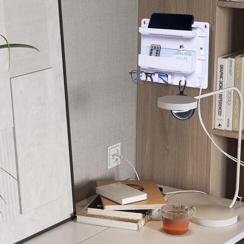 JUMEIHUI Bedside Shelf Wall Mount, Adhesive Bedside Shelf Accessories Organizer with Hooks and Cable Clips,Dorm Bedside Wall Storage for Phone, Remote, Earphone, Kindle,Plastic(White) in Saudi Arabia