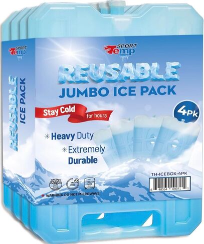 Sport Temp Reusable Jumbo Ice Pack (Set of 4) Long Lasting - Perfect for Keeping Food Or Beverages Cold, Coolers, Camping, Beach Coolers, Hiking & More. Clear Blue. in Saudi Arabia
