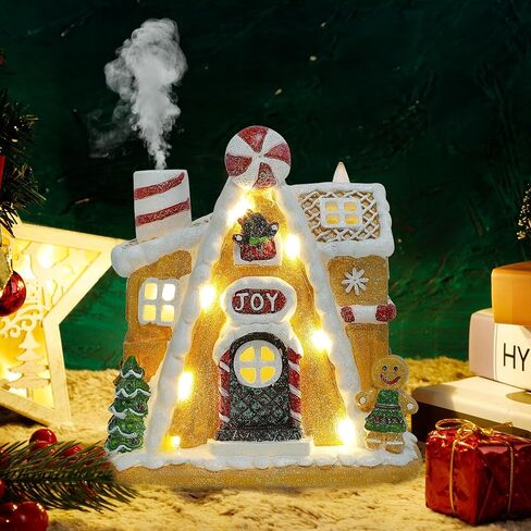 Lulu Home Christmas Gingerbread House Backflow Incense Holder, Lighted Resin Joy Village House with Gingerbread Man, Glittered Light Up Mantel Sill Table Centerpieces for Winter Indoor Decor in Kuwait