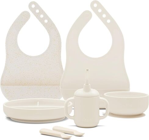 Lalo First Bites Silicone Baby Feeding Set - Baby Led Weaning Supplies - Non-Toxic Silicone - Includes 1 Bib, 2 Spoons, Training Cup, Suction Plate and Bowl - 6 Pieces - Grapefruit in Saudi Arabia