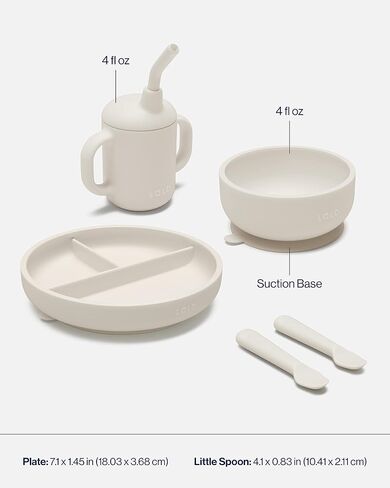 Lalo First Bites Silicone Baby Feeding Set - Baby Led Weaning Supplies - Non-Toxic Silicone - Includes 1 Bib, 2 Spoons, Training Cup, Suction Plate and Bowl - 6 Pieces - Grapefruit in Saudi Arabia