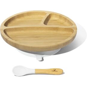 أطباق أفانشي للأطفال الصغار مقسمة من الخيزران، شفط لطعام الأطفال الصغار مع ملعقة سيليكون للتغذية، أخضر in Kuwait