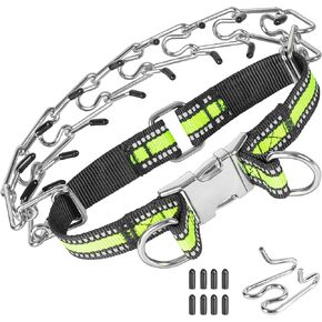 Tresbro Prong Training Collar for Dogs, Adjustable Dog Pinch Collar with Quick Release Buckle & Reflective Strap, No Pull Collar for Small Medium Large Dogs, Extra Link and Caps, Fluorescent Green, L