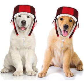 2 Pieces Plaid Dog Hats with Earmuffs Winter Pets Adjustable Warm Trapper Hat Christmas Adjustable Pet Red Plaid Pet Hat Xmas Dog Headwear for Small Dogs in Saudi Arabia