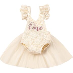 Baby Girl 1st Birthday Outfit Lace Tulle Romper Princess Tutu Dress Shiny ONE Cake Smash Photo Shoot Clothes