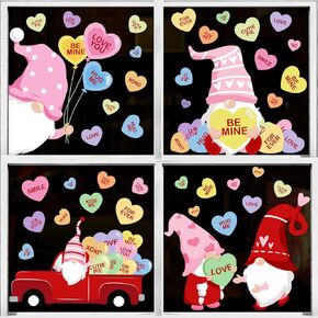 Ivenf Valentines Day Decor Window Clings, 8 Sheets Large Red Pink Gnome Candy Heart Truck Window Decals, BE Mine Hug ME Conversation Candy for Kids Home School Office, Wedding Birthday Party Supplies