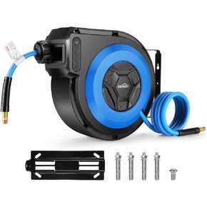 50FT + 6.6FT Retractable Air Hose Reel, Ceiling/Wall Mount Penumatic Hose Reel for Garage Workshop, Automatic Rewind, 3/8" x 50' Hybrid Air Hose Reel with Brass Fittings + Bend Restrictors, 300PSI