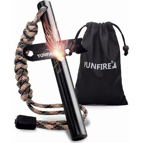 YUNFIRE Fire Starter - قضيب حديدي سميك مقاس 5 × 1/2 بوصة مع مهاجم متعدد الأدوات ونوع 550 باراكورد، 25000+ ضربة، فولاذ ناري مثقوب من أجل البقاء في حالات الطوارئ، والتخييم، والمشي لمسافات طويلة
