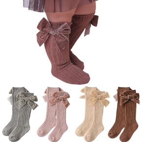 4-Pack Baby Girls Knee High Socks Infants Toddlers Bow Knit Socks Cotton Tube Ruffled Stockings in Kuwait