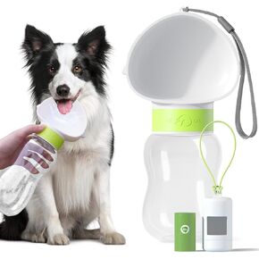 Dog Water Bottle Bowl and Dog Poop Bag Dispenser Holder with 1 Roll Bag for Pets Outdoor Walking, Hiking, Traveling (White Green-12OZ) in Kuwait