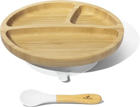 أطباق أفانشي للأطفال الصغار مقسمة من الخيزران، شفط لطعام الأطفال الصغار مع ملعقة سيليكون للتغذية، أخضر in Kuwait