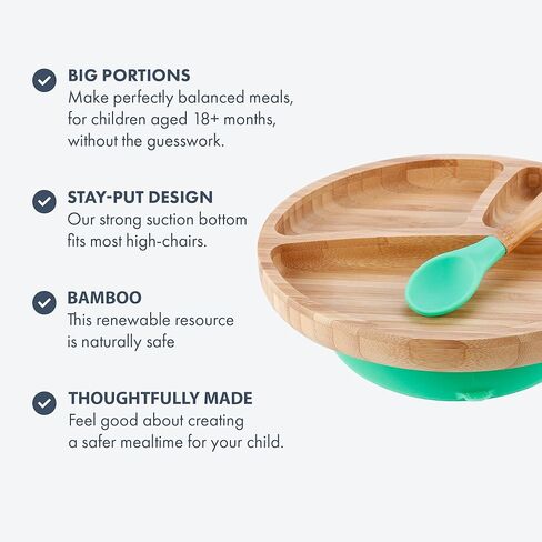 أطباق أفانشي للأطفال الصغار مقسمة من الخيزران، شفط لطعام الأطفال الصغار مع ملعقة سيليكون للتغذية، أخضر in Kuwait