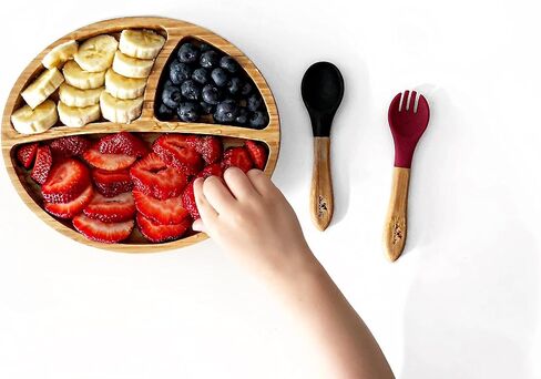 أطباق أفانشي للأطفال الصغار مقسمة من الخيزران، شفط لطعام الأطفال الصغار مع ملعقة سيليكون للتغذية، أخضر in Kuwait