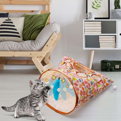 حقيبة نفق للقطط للقطط الداخلية، لعبة تفاعلية للقطط ذاتية اللعب مع ريشة زرقاء وجرس واحد و3 كرات ألعاب، حقيبة مجعدة للاختباء والسعي قابلة للطي، هدايا للحيوانات الأليفة للقطط (نمط الطائر) in Kuwait