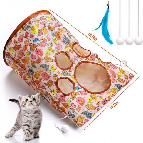 حقيبة نفق للقطط للقطط الداخلية، لعبة تفاعلية للقطط ذاتية اللعب مع ريشة زرقاء وجرس واحد و3 كرات ألعاب، حقيبة مجعدة للاختباء والسعي قابلة للطي، هدايا للحيوانات الأليفة للقطط (نمط الطائر) in Kuwait