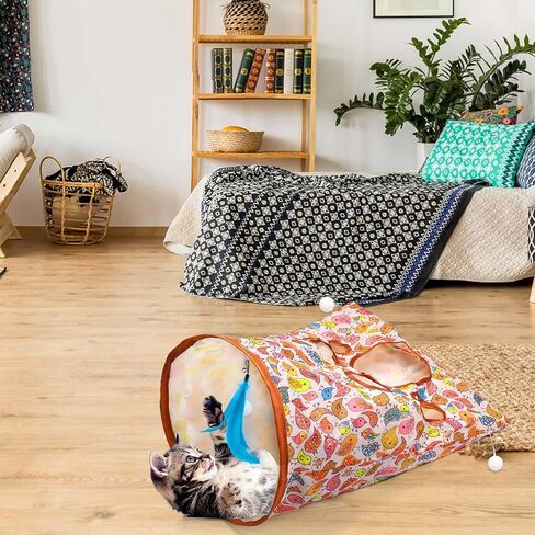 حقيبة نفق للقطط للقطط الداخلية، لعبة تفاعلية للقطط ذاتية اللعب مع ريشة زرقاء وجرس واحد و3 كرات ألعاب، حقيبة مجعدة للاختباء والسعي قابلة للطي، هدايا للحيوانات الأليفة للقطط (نمط الطائر) in Kuwait