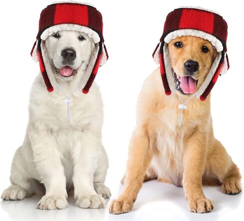 2 Pieces Plaid Dog Hats with Earmuffs Winter Pets Adjustable Warm Trapper Hat Christmas Adjustable Pet Red Plaid Pet Hat Xmas Dog Headwear for Small Dogs in Saudi Arabia