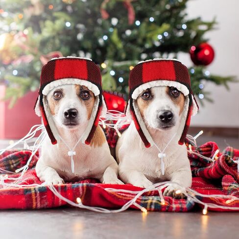 2 Pieces Plaid Dog Hats with Earmuffs Winter Pets Adjustable Warm Trapper Hat Christmas Adjustable Pet Red Plaid Pet Hat Xmas Dog Headwear for Small Dogs in Saudi Arabia
