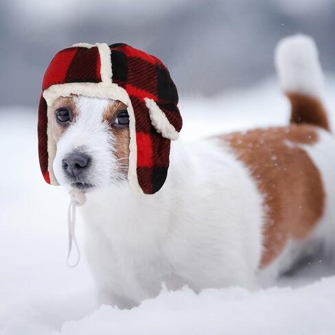 2 Pieces Plaid Dog Hats with Earmuffs Winter Pets Adjustable Warm Trapper Hat Christmas Adjustable Pet Red Plaid Pet Hat Xmas Dog Headwear for Small Dogs in Saudi Arabia