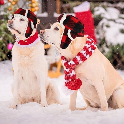 2 Pieces Plaid Dog Hats with Earmuffs Winter Pets Adjustable Warm Trapper Hat Christmas Adjustable Pet Red Plaid Pet Hat Xmas Dog Headwear for Small Dogs in Saudi Arabia