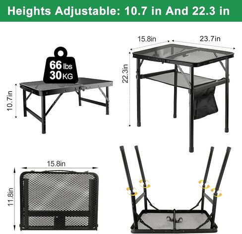 Hersance Folding Camping Table,Small Portable Picnic Table with Mesh Desktop & Storage,2 Heights Foldable Aluminum Grill Table Lightweight & Compact for Outdoor Beach, BBQ,Garden in Kuwait