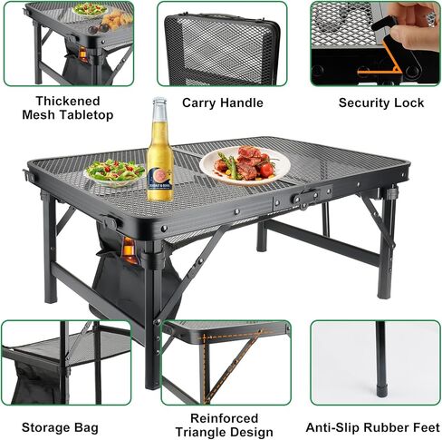 Hersance Folding Camping Table,Small Portable Picnic Table with Mesh Desktop & Storage,2 Heights Foldable Aluminum Grill Table Lightweight & Compact for Outdoor Beach, BBQ,Garden in Kuwait