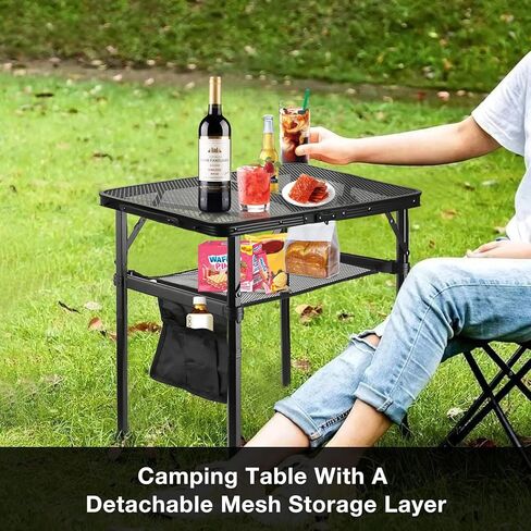 Hersance Folding Camping Table,Small Portable Picnic Table with Mesh Desktop & Storage,2 Heights Foldable Aluminum Grill Table Lightweight & Compact for Outdoor Beach, BBQ,Garden in Kuwait