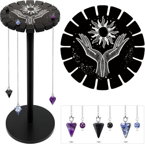 Yulejo Pendulum Holder Crystal Shelf Black Crystal Display Shelf Pendulum Display Stand with Hand Moon Witch Stuff Wooden Pendulum Holder Stand with 3 Pieces Crystals Stone for Crystal Essential Oil in Saudi Arabia