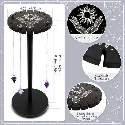 Yulejo Pendulum Holder Crystal Shelf Black Crystal Display Shelf Pendulum Display Stand with Hand Moon Witch Stuff Wooden Pendulum Holder Stand with 3 Pieces Crystals Stone for Crystal Essential Oil in Saudi Arabia