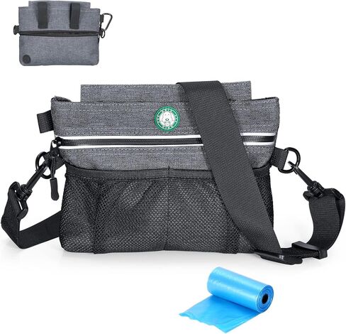Dog Treat Pouch for Training, Dog Food Bag with Removable Inner Pocket, Dog Treat Bag Magnetic Closure, Adjustable Training Belt Bags, 2 Zip Pockets, Food Bag for Puppy Training (Grey - with Poop Bag) in Kuwait