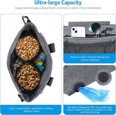 Dog Treat Pouch for Training, Dog Food Bag with Removable Inner Pocket, Dog Treat Bag Magnetic Closure, Adjustable Training Belt Bags, 2 Zip Pockets, Food Bag for Puppy Training (Grey - with Poop Bag) in Kuwait