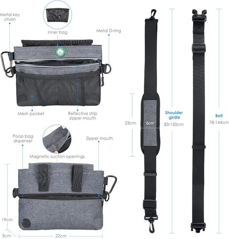 Dog Treat Pouch for Training, Dog Food Bag with Removable Inner Pocket, Dog Treat Bag Magnetic Closure, Adjustable Training Belt Bags, 2 Zip Pockets, Food Bag for Puppy Training (Grey - with Poop Bag) in Kuwait