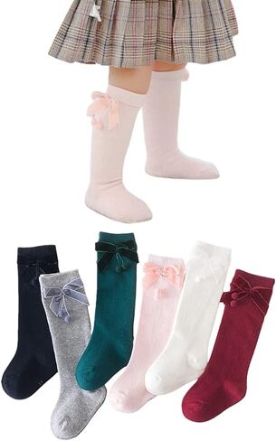 Merqwadd 4-Pack طفل الفتيات جوارب طويلة إلى الركب الرضع الصغار القوس جوارب متماسكة القطن أنبوب جوارب مكشكشة in Kuwait