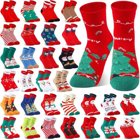 Suhine 30 Pairs Kids Christmas Fuzzy Socks Bulk Winter Cotton Socks Christmas Gift for Unisex Toddler Children in Saudi Arabia