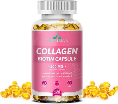 TheraSuva Biotin 3000MCG + Collagen 200MG + فيتامين C 50MG لكل جرعة كبسولات هلامية! يعزز الشعر الصحي والبشرة الجميلة ودعم الأظافر! 120 كبسولة، تكفي 60 يومًا in Kuwait