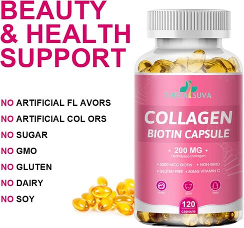TheraSuva Biotin 3000MCG + Collagen 200MG + فيتامين C 50MG لكل جرعة كبسولات هلامية! يعزز الشعر الصحي والبشرة الجميلة ودعم الأظافر! 120 كبسولة، تكفي 60 يومًا in Kuwait