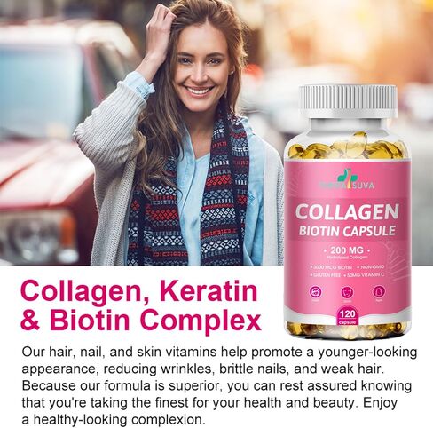 TheraSuva Biotin 3000MCG + Collagen 200MG + فيتامين C 50MG لكل جرعة كبسولات هلامية! يعزز الشعر الصحي والبشرة الجميلة ودعم الأظافر! 120 كبسولة، تكفي 60 يومًا in Kuwait
