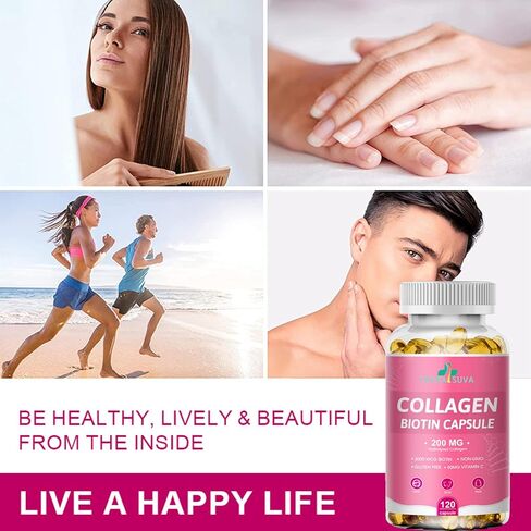 TheraSuva Biotin 3000MCG + Collagen 200MG + فيتامين C 50MG لكل جرعة كبسولات هلامية! يعزز الشعر الصحي والبشرة الجميلة ودعم الأظافر! 120 كبسولة، تكفي 60 يومًا in Kuwait