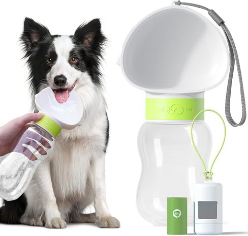 Dog Water Bottle Bowl and Dog Poop Bag Dispenser Holder with 1 Roll Bag for Pets Outdoor Walking, Hiking, Traveling (White Green-12OZ) in Kuwait