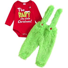 MIEKISA Baby Boys Girls 1st Christmas Outfit Toddler Red Romper and Green Pants Set