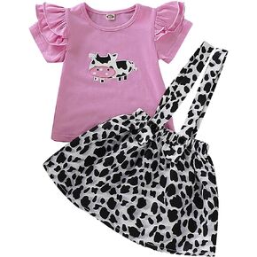Toddler Baby Girl Ruffled Fly Sleeve Cow Top Shirts + Leopard Suspender Skirts Overall Dress Clothes in Saudi Arabia